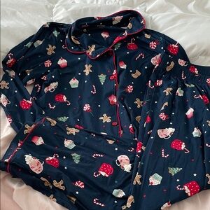 Holiday Time Dark Blue Kids Pajama Set with Holiday Motifs